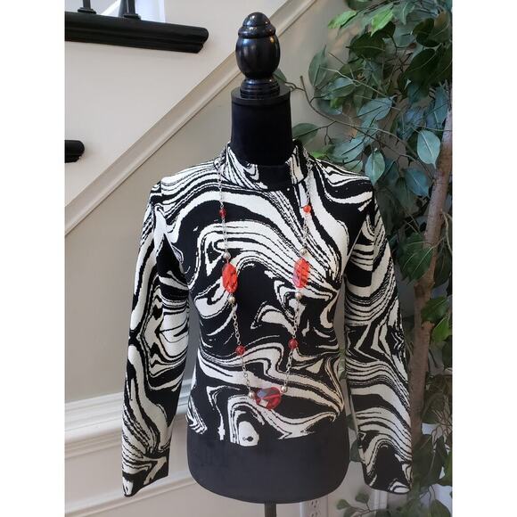 MNG Mango Sweater Marble XL White Black Abstract Wavy Knit Long Sleeve Mock Neck - Picture 2 of 9